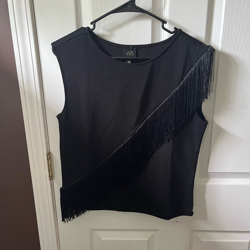 W5 Black Sleeveless Fringe Tee